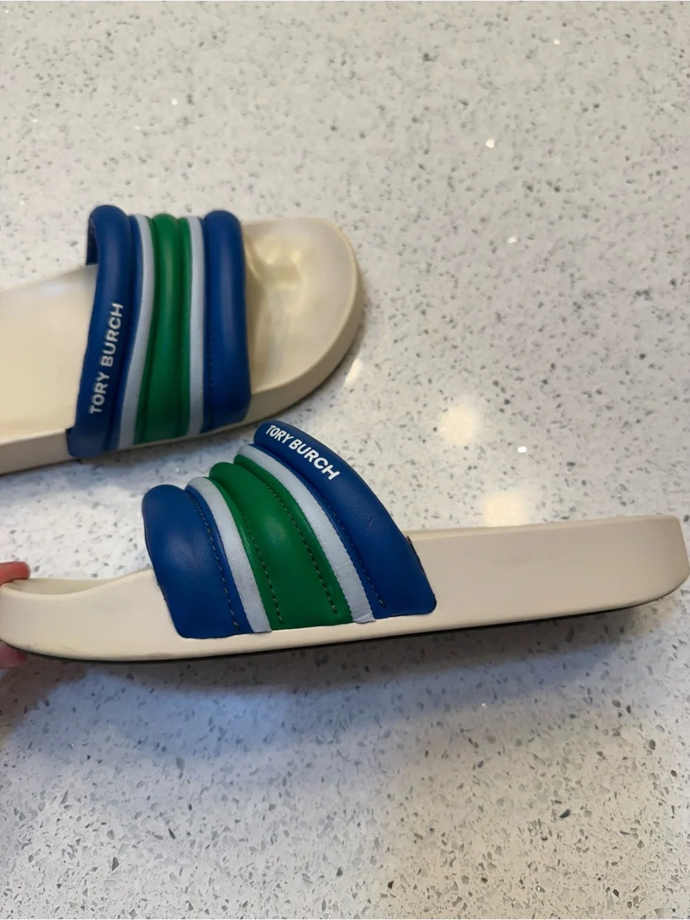 Tory Burch Blue, Green & White Padded Slide Sandals